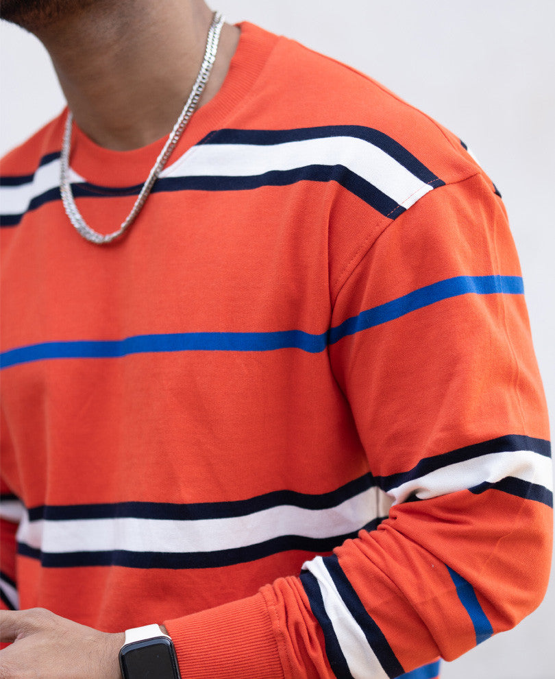 Orange Striped Full Sleeves Sweatshirt