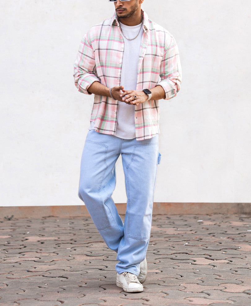Light Pink Check Oversize Drop Shoulder Shirt