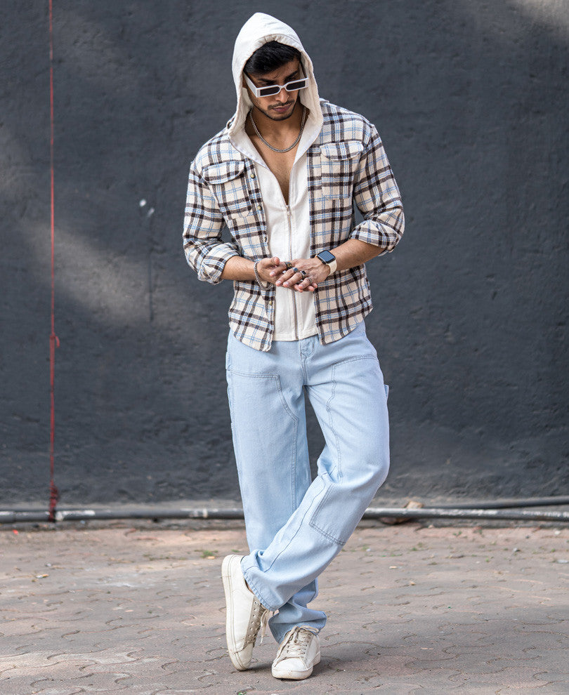 Cream Check Hoodie Zipper Oversize Drop Shoulder Shirt