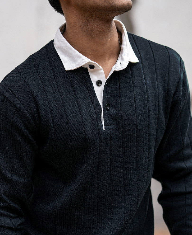Navy Blue Polo Collar Full Sleeves Sweatshirt