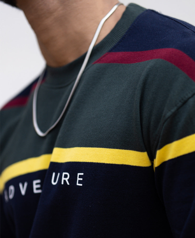 Olive And Navy Blue Stripes Oversize Drop Shoulder T Shirt