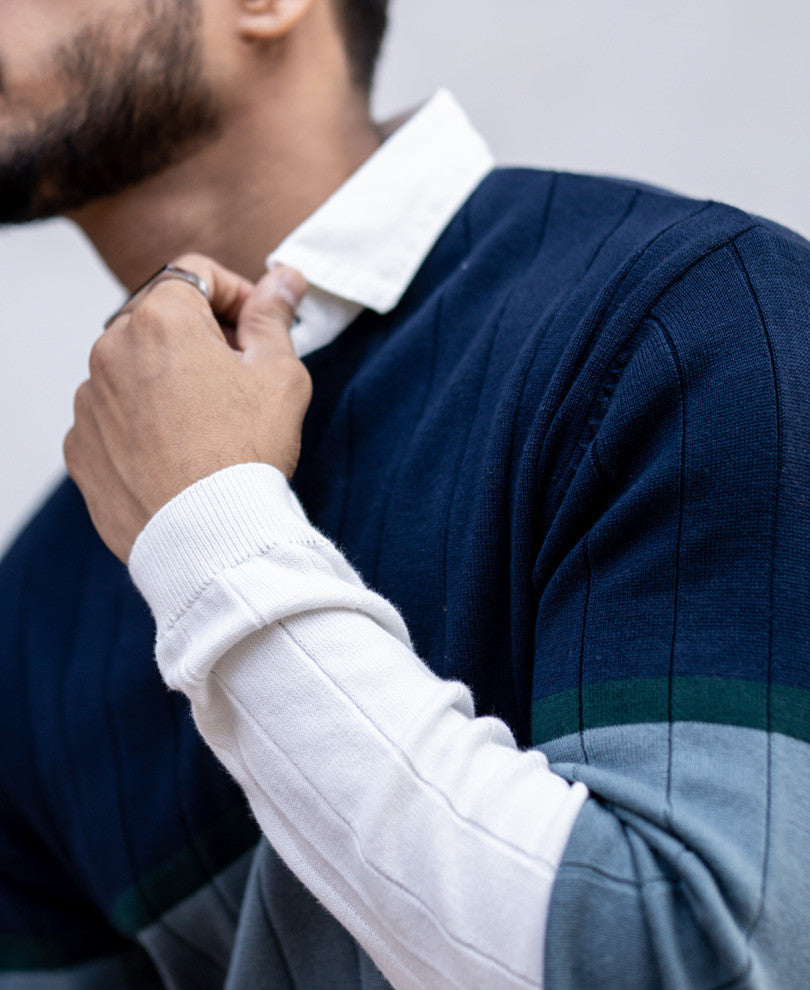 Navy Blue Panel Polo Collar Sweatshirt