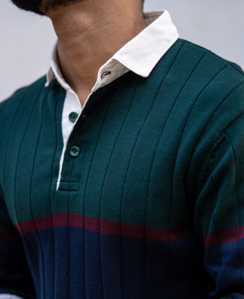 Olive Green Panel Polo Collar Sweatshirt