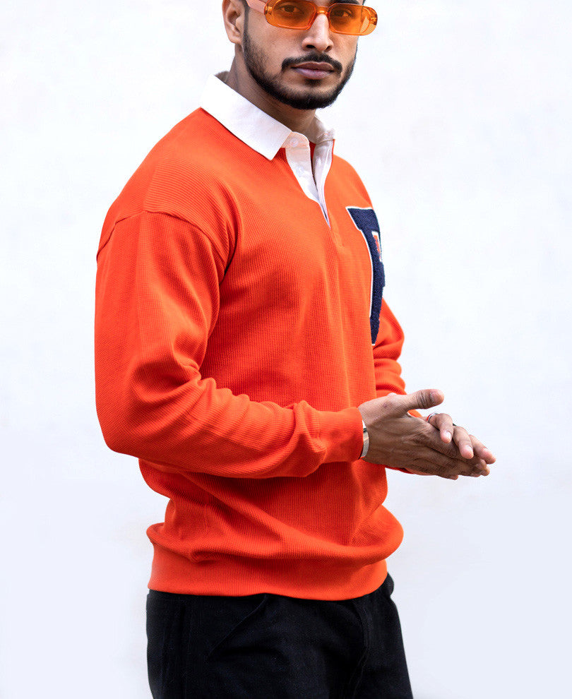 Orange Polo Collar Oversize Drop Shoulder Sweatshirt