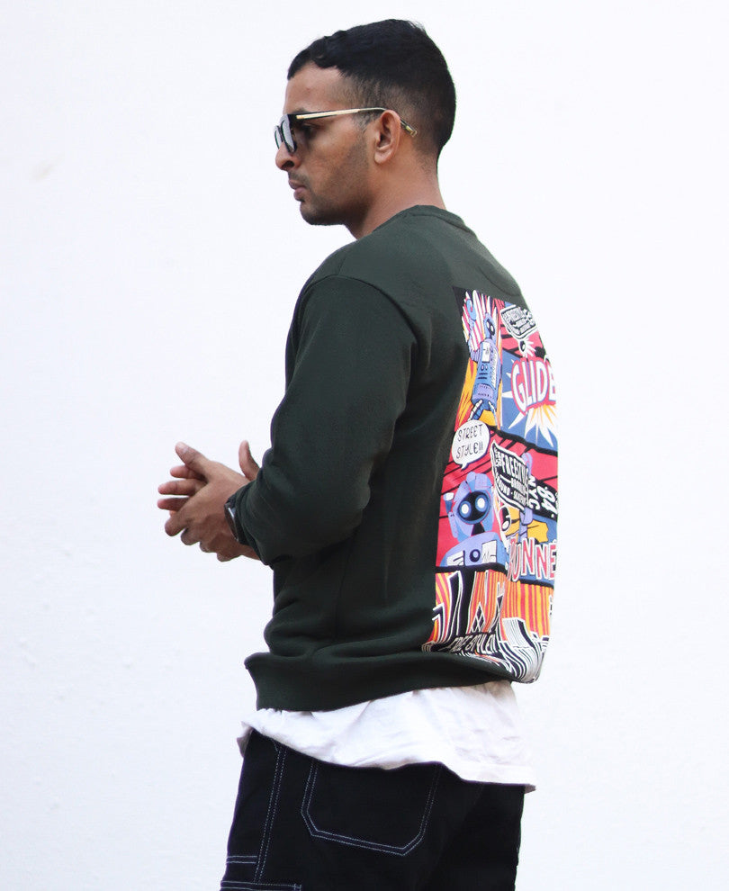 Olive Comic Back Print Oversize Drop Shoulder Sweatshirt