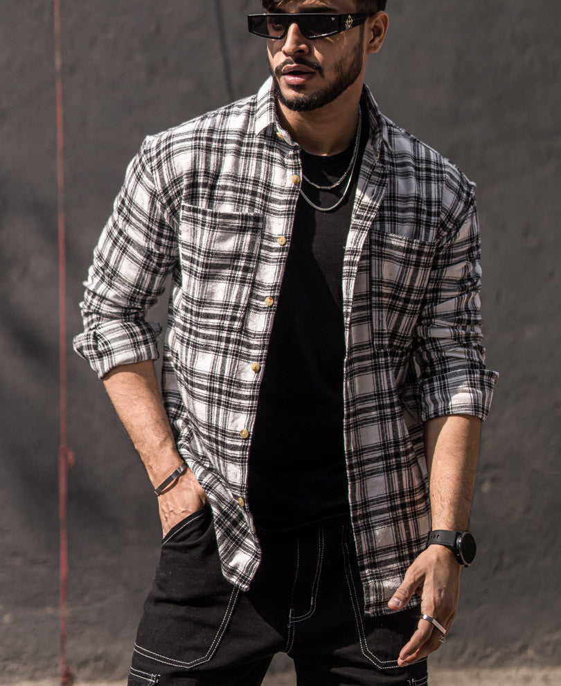 White Plaid Checks Oversize Drop Shoulder Shirt