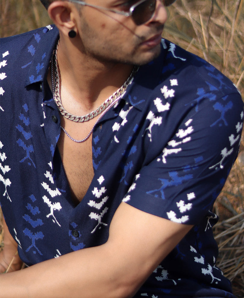 Navy Blue Ethnic Motif Print Half Sleeves Shirt