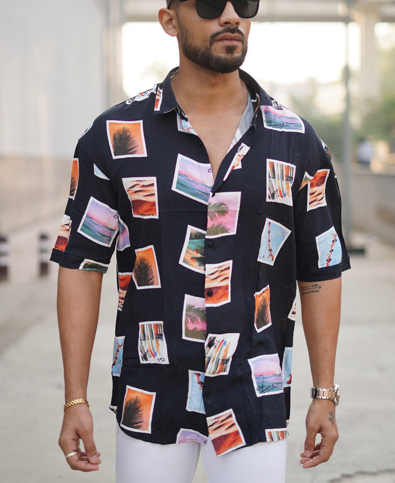 Black Beach Print Oversize Drop Shoulder Shirt