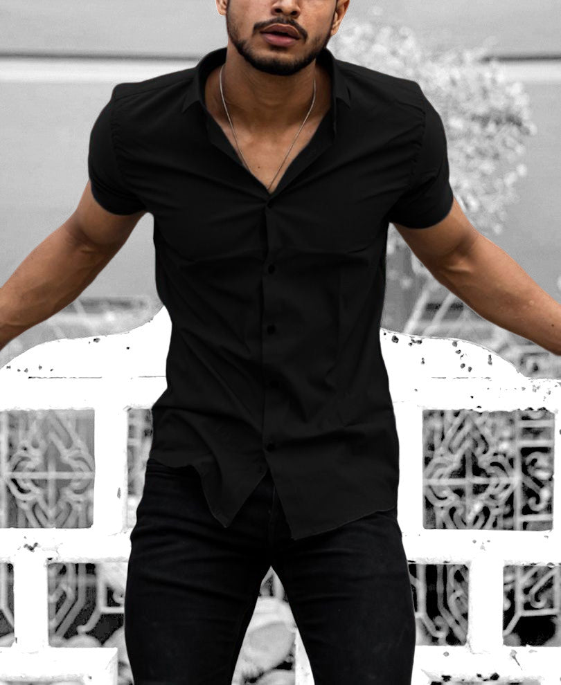 Black Plain Stretchable Causal Half Sleeves Shirt
