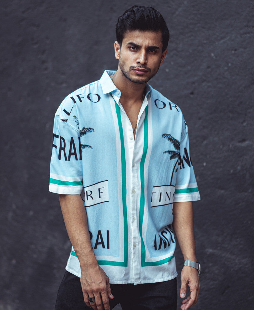 Sky Blue California Print Oversize Drop Shoulder Shirt