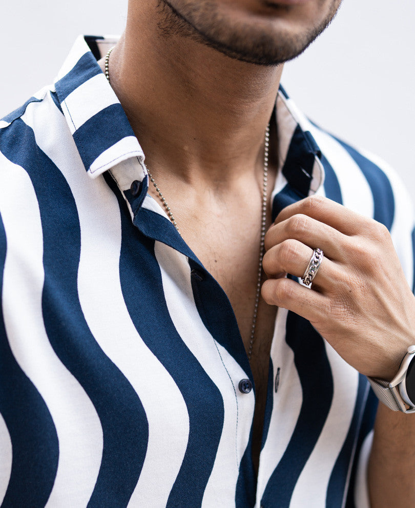 Navy Blue Wavy Stripes Half Sleeves Shirt