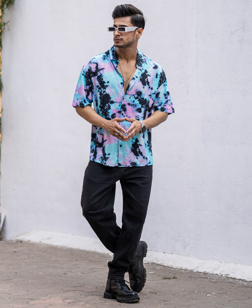 Cyan Tie Dye Print Oversize Drop shoulder Shirt