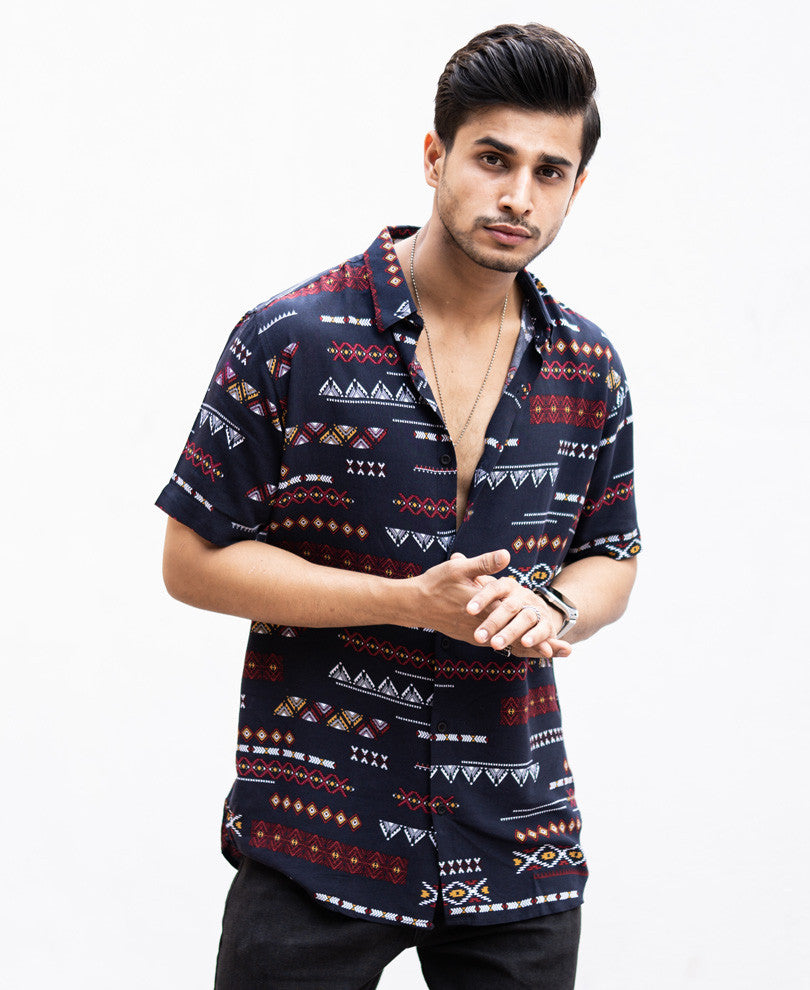 Blue Mix Print Half Sleeves Shirt