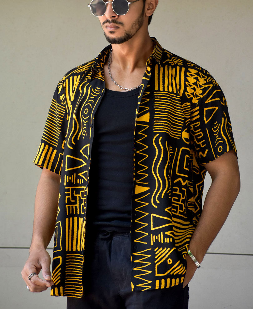 Mustard Geometric Print Half Sleeves Shirt