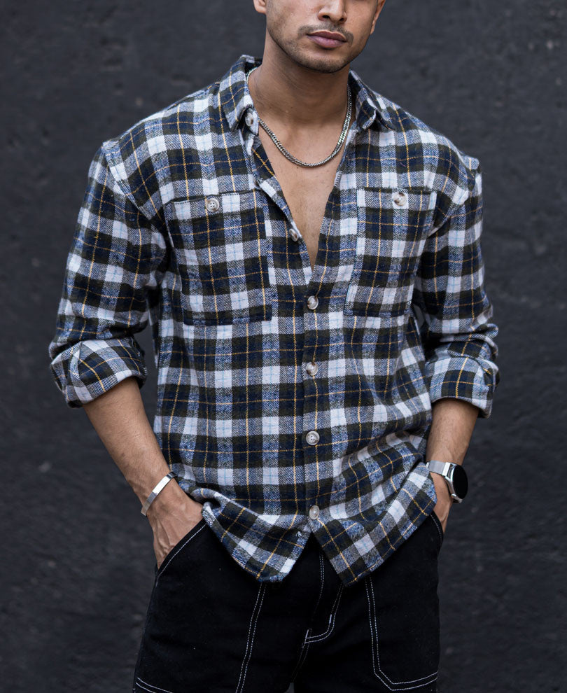 Green Pocket Checks Oversize Drop Shoulder Shirt