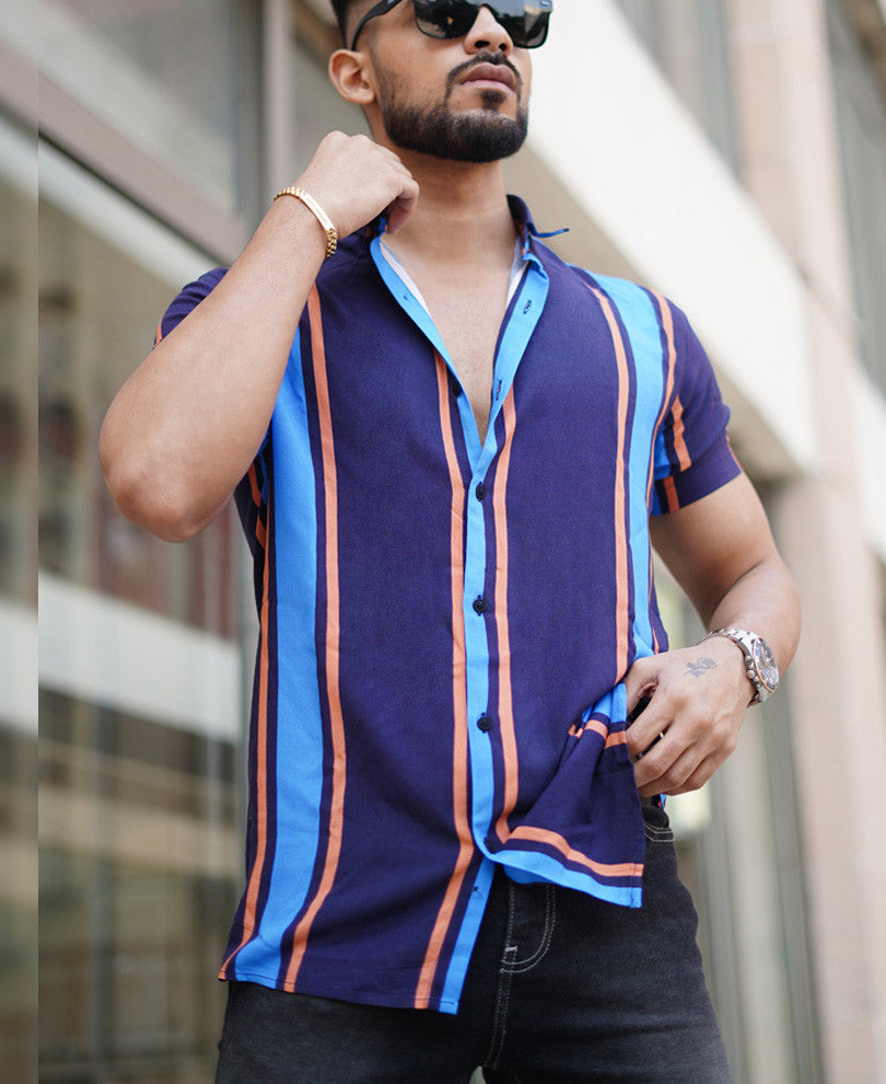 Navy Blue Vertical Stripe Half Sleeves Shirt