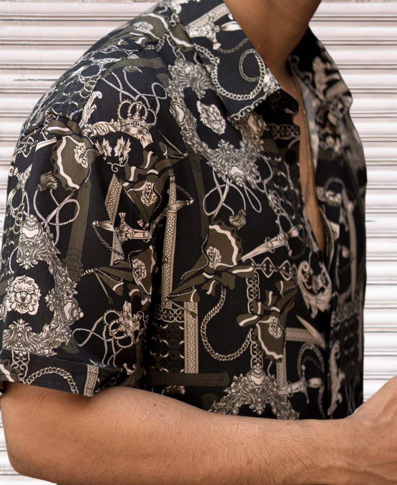 Olive Green Vintage Print Half Sleeves Shirt