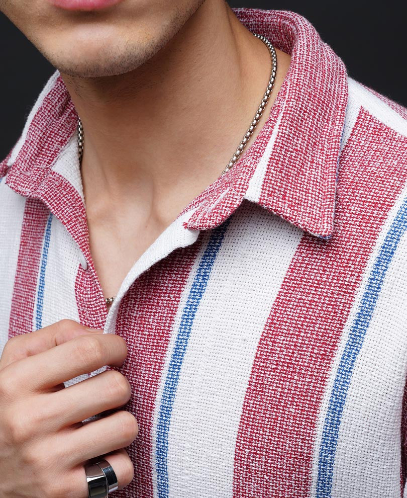 Red Striped Structured Oversize Drop Shoulder Shirt