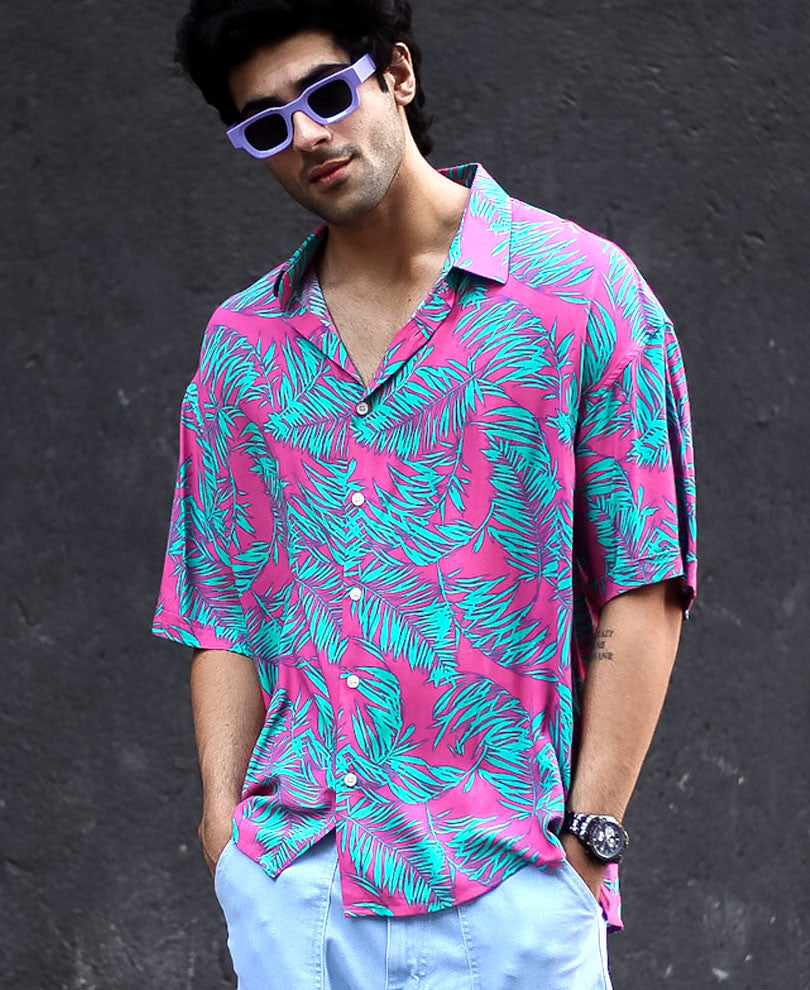 Pink And Green Leaves Print Oversize Drop Shoulder Shirt