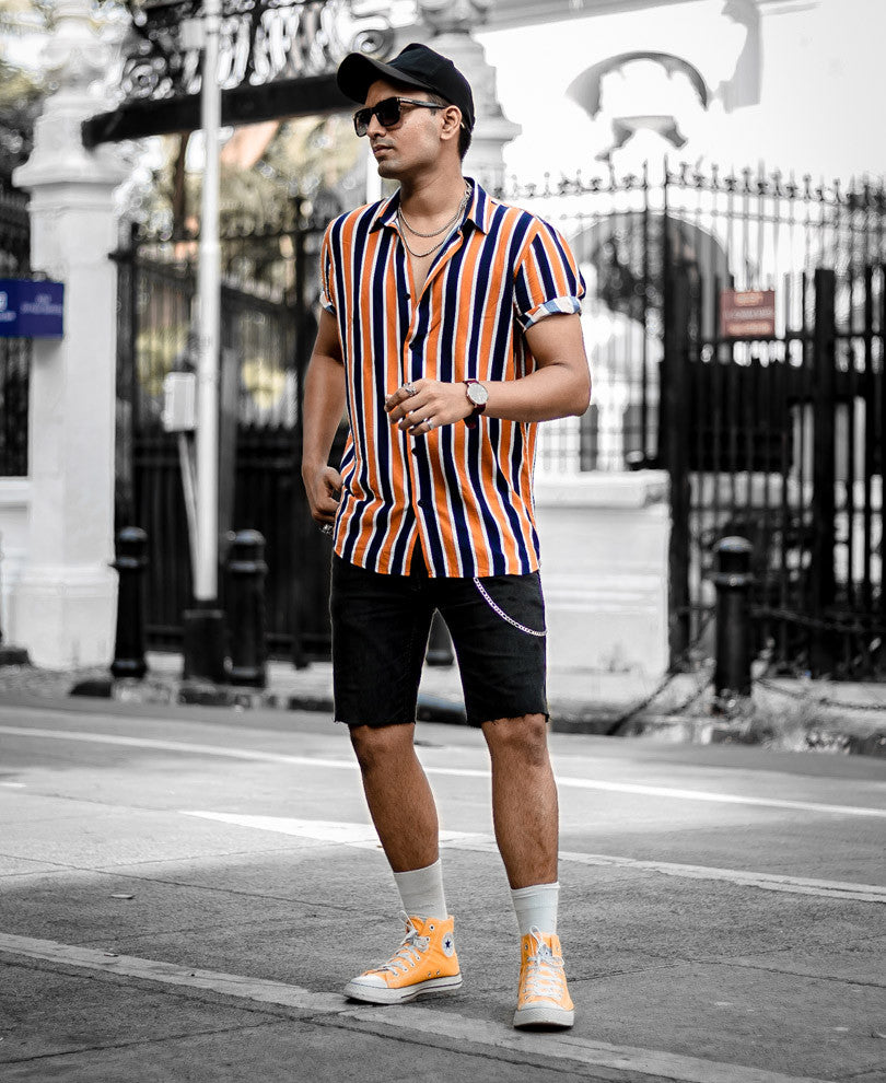 Mustard And Navy Blue Stripes Print Half Sleeves Shirt