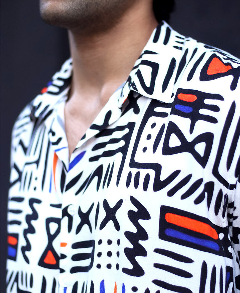 White Geometric Print Half Sleeves Shirt