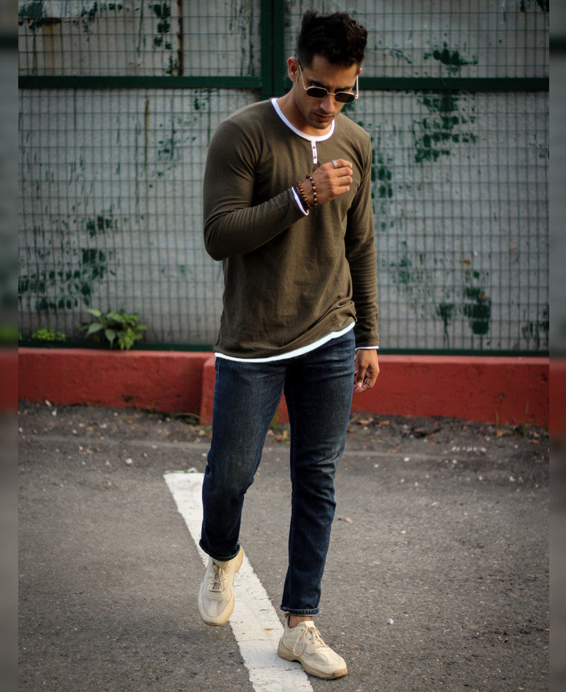 Olive Green Basic Henley Full Sleeves T Shirt