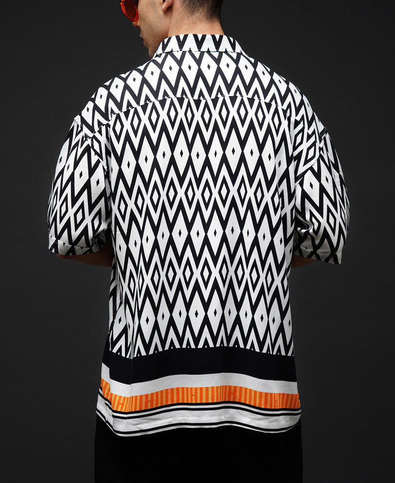 White Geo Print Oversize Drop Shoulder Shirt