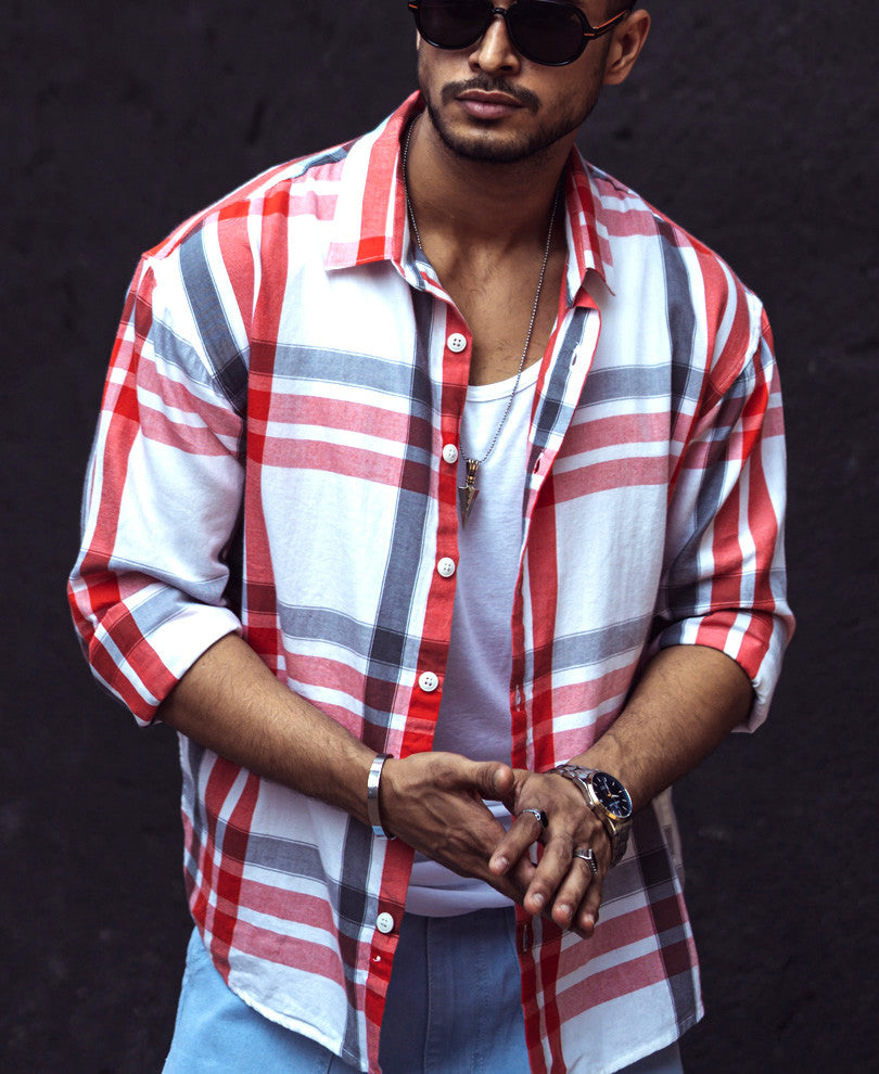 White And Red Checks Oversize Drop Shoulder Shirt