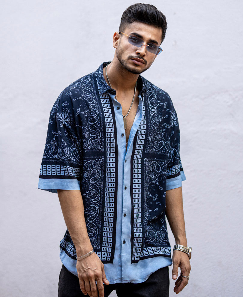 Navy Blue Paisley Print Oversize Drop Shoulder Shirt
