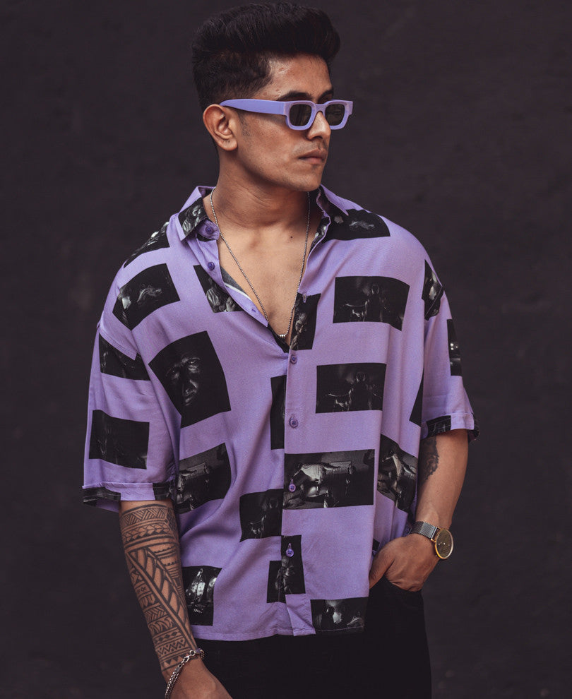 Purple Exorcism Print Oversize Drop Shoulder Shirt