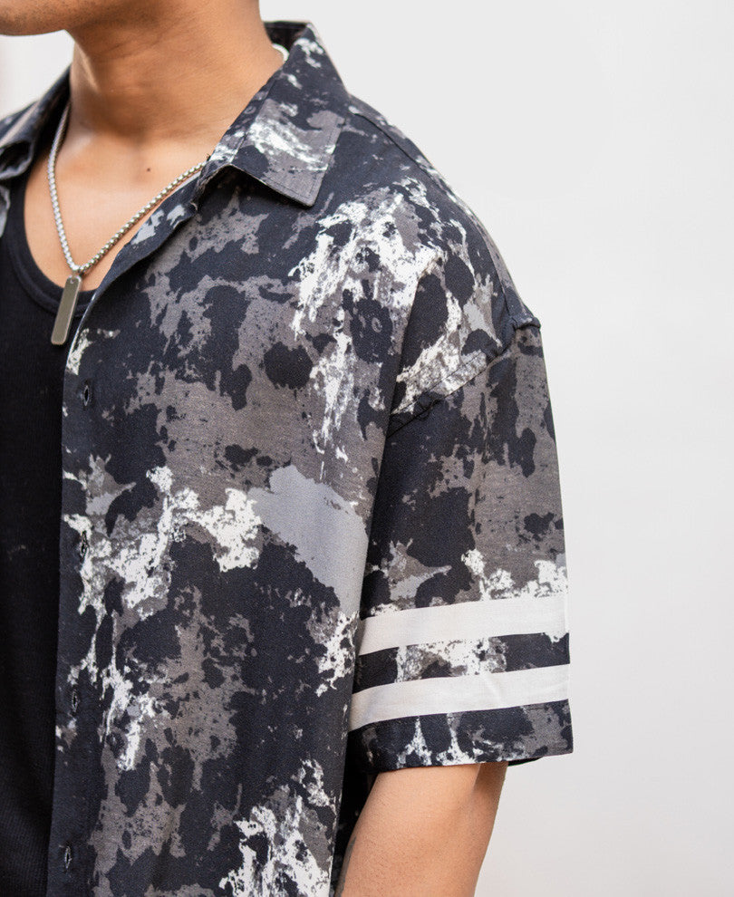 Black Tie Dye Print Oversize Drop Shoulder Shirt