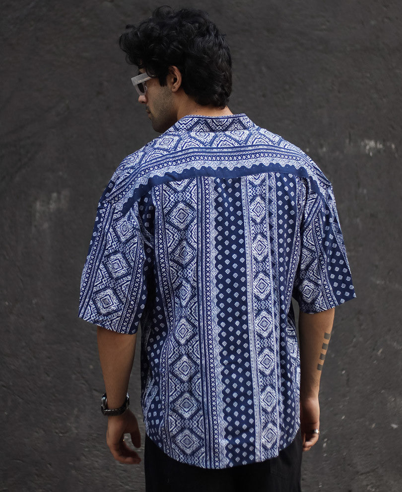 Navy Blue Ethnic Print Oversize Drop Shoulder Shirt