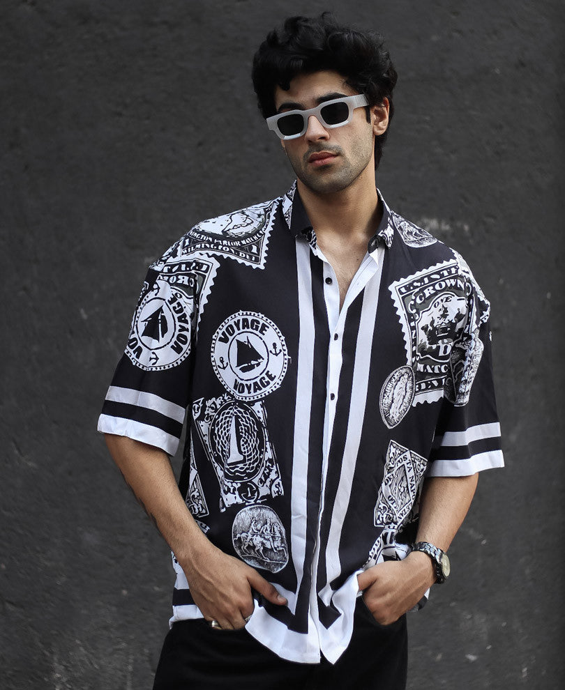 Black Voyage Print Oversize Drop Shoulder Shirt