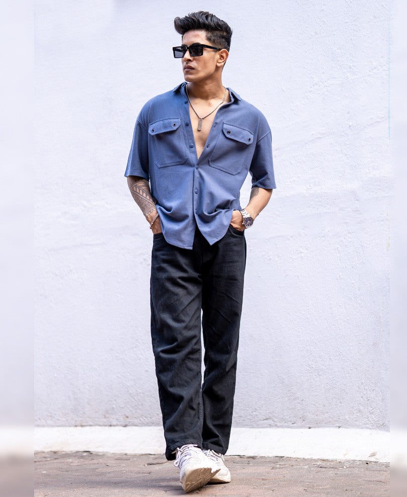 Grey Flap Pocket Knitted Oversize Drop Shoulder Shirt