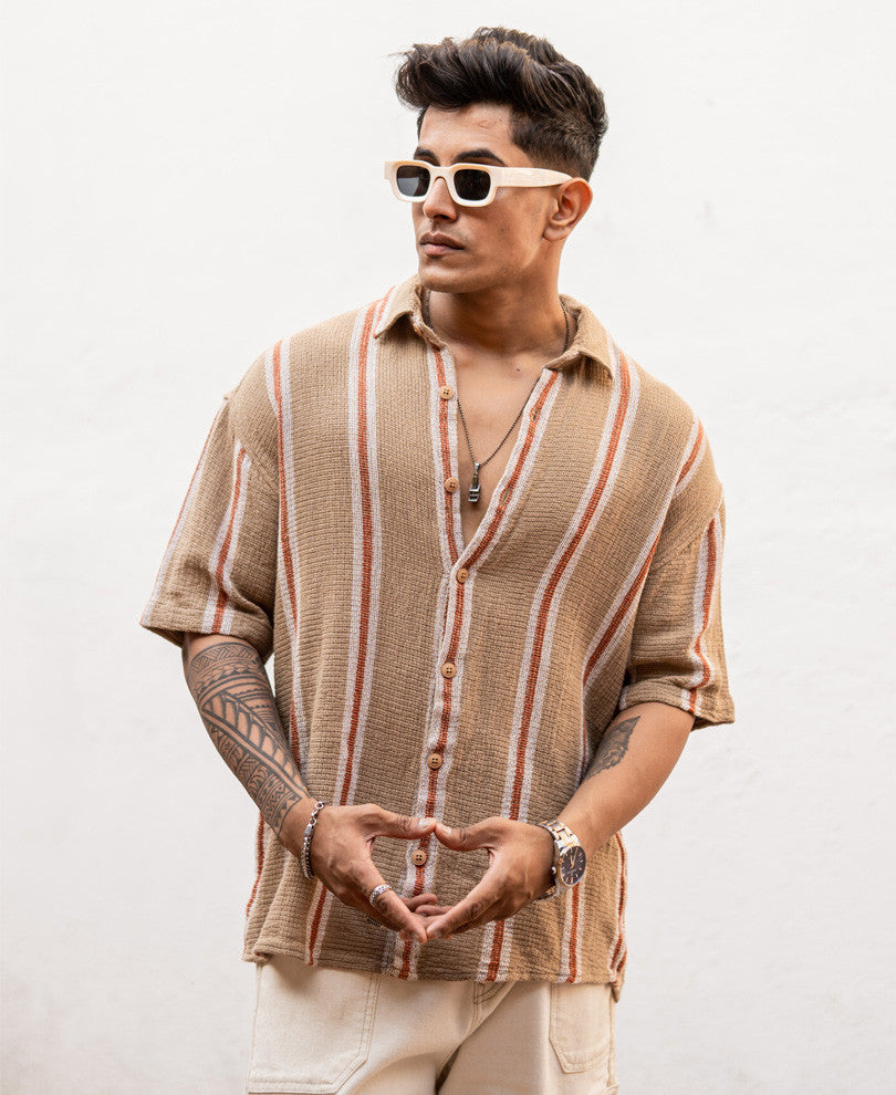 Beige Striped Structured Oversize Drop Shoulder Shirt