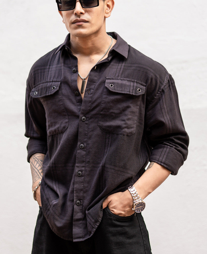 Dark Grey Double Pocket Checks Oversize Drop Shoulder Shirt