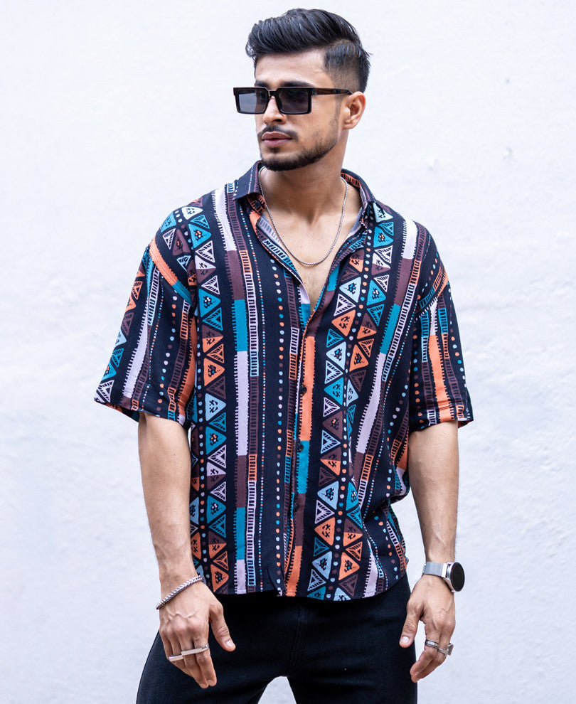 Multi Color Ethnic Print Oversize Drop Shoulder Shirt
