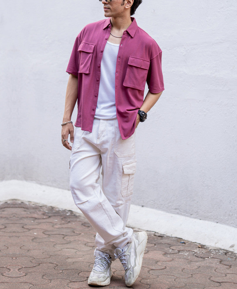 Pink Chest Pocket Knitted Oversize Drop Shoulder Shirt