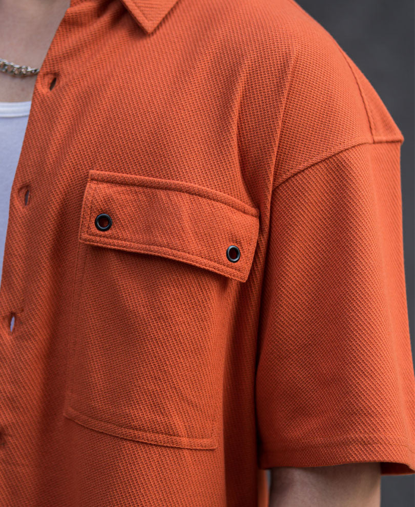 Orange Flap Pocket Knitted Shacket Oversize Drop Shoulder Shirt