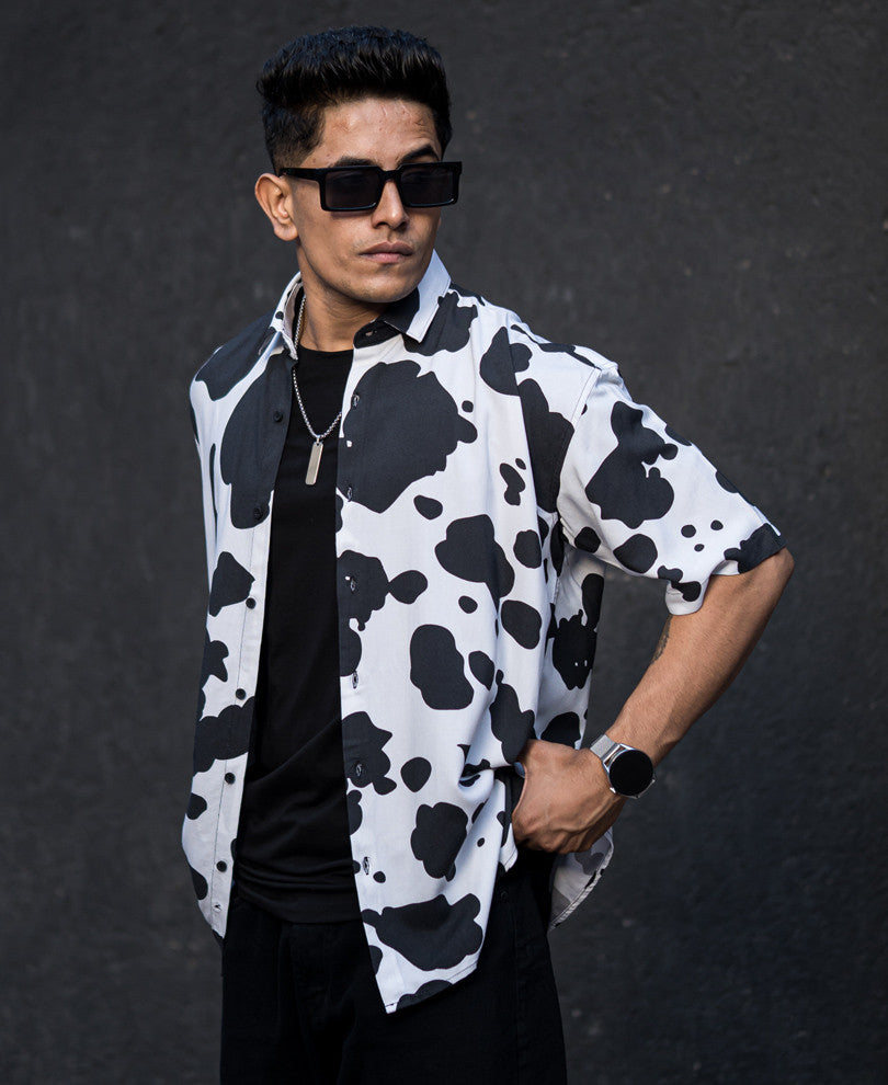 Black And White Animal Print Oversize Drop Shoulder Shirt