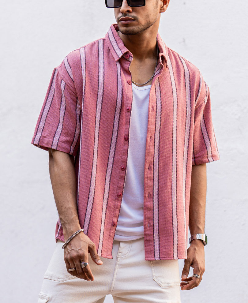 Pink Striped Structured Oversize Drop Shoulder Shirt