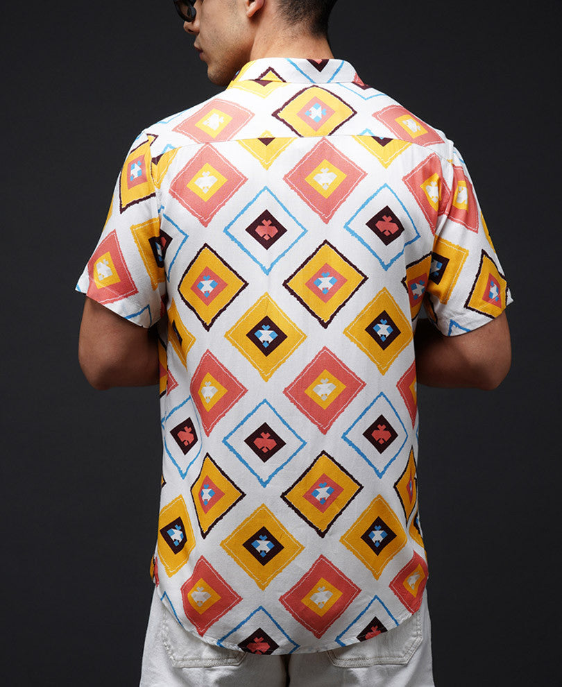White And Mustard Diamond Print Half Sleeve Shirt