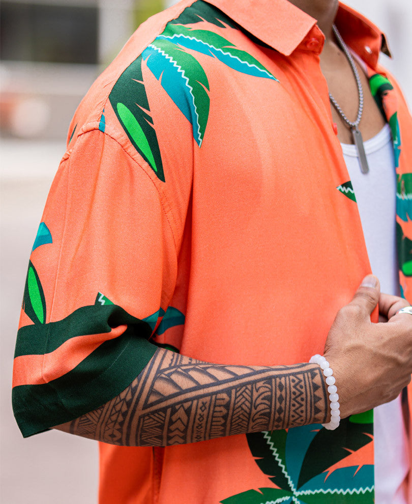 Orange Palm Leaves Print Oversize Drop Shoulder Shirt