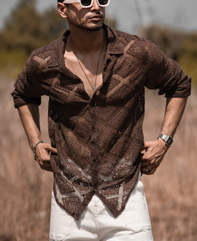 Dark Brown Sheer Pattern Full Sleeves Shirt