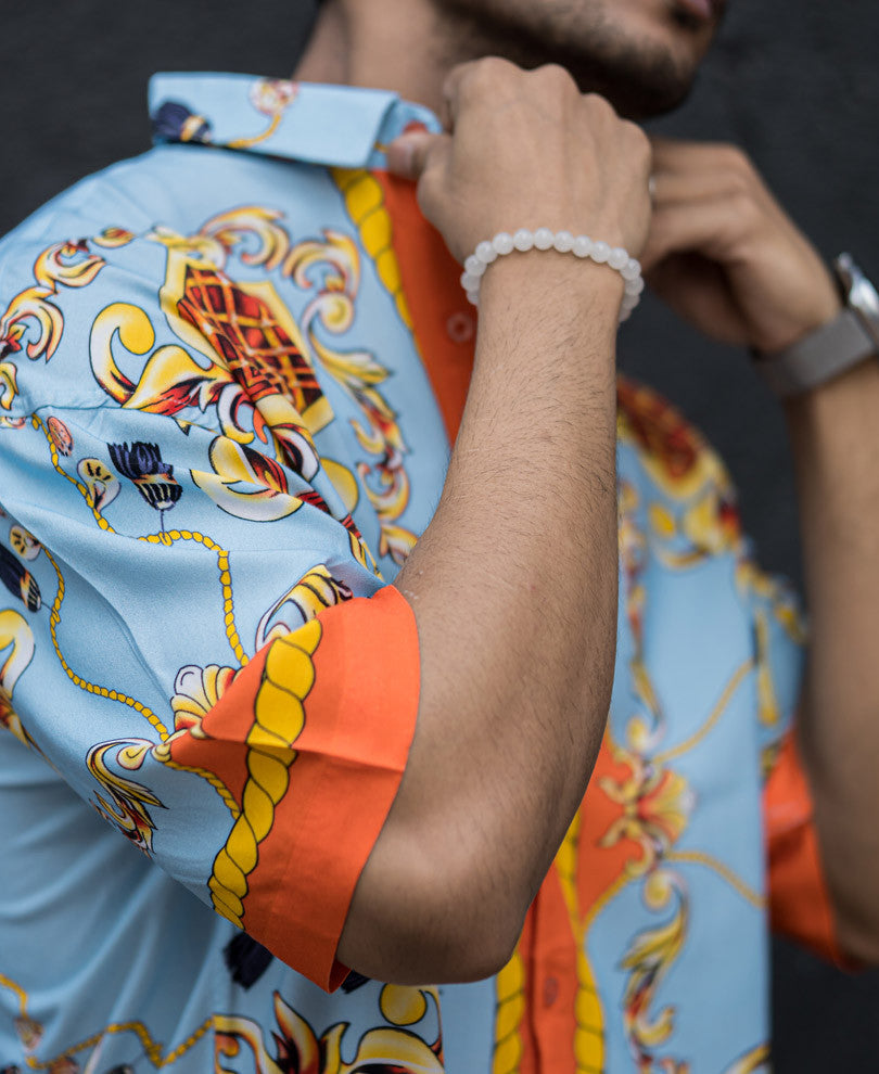 Sky Blue Vintage Print Oversize Drop Shoulder Shirt