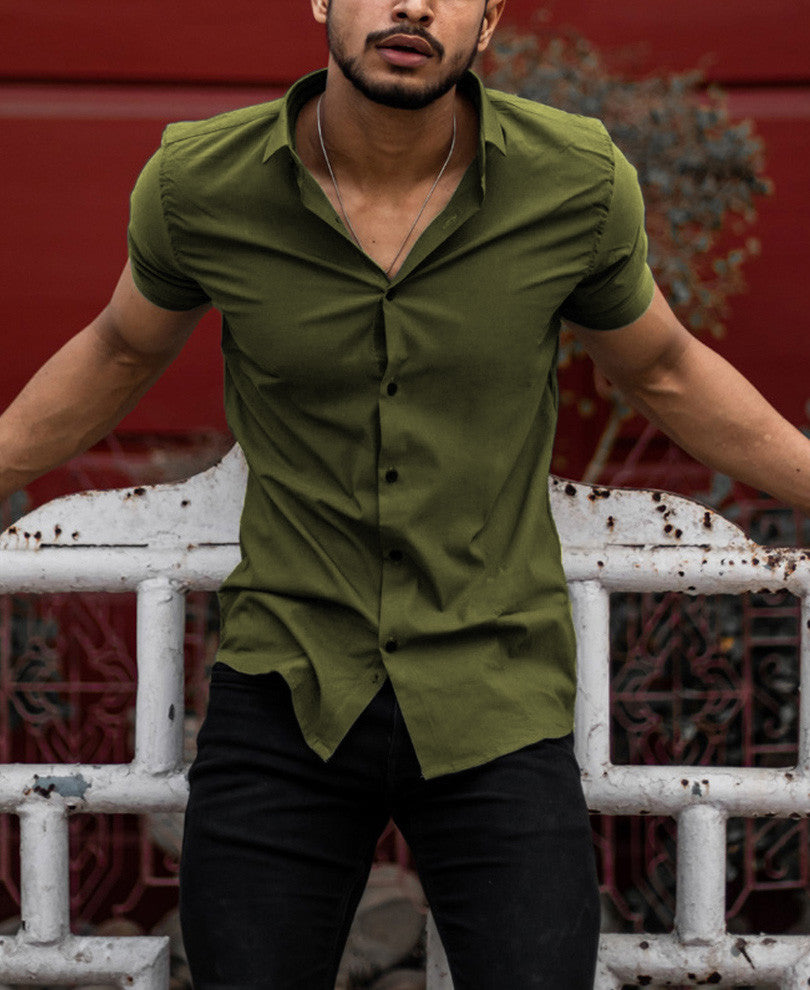 Urban Olive Green Stretchable Solid Half Sleeves Shirt