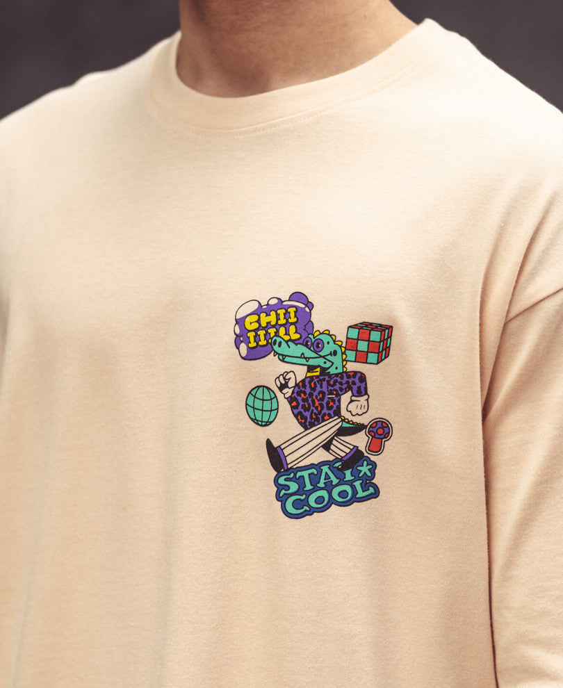 Beige Stay Cool Back Print Oversize Drop Shoulder Tshirt