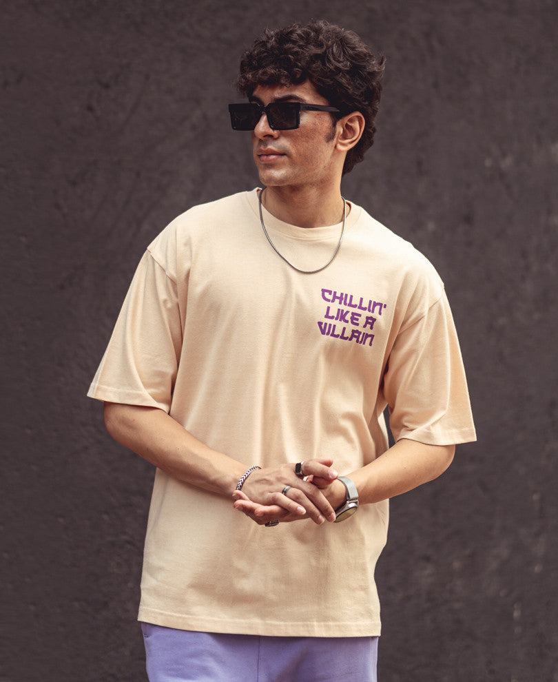 Beige Chillin' Back Print Oversize Drop Shoulder Tshirt