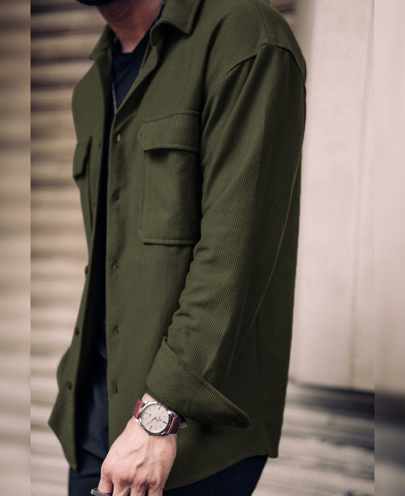 Olive Green Chest Pocket Shacket Oversize Drop Shoulder Shirt