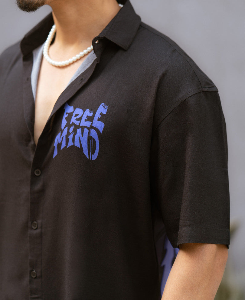 Black Free Mind Back Print Oversize Drop Shoulder Shirt